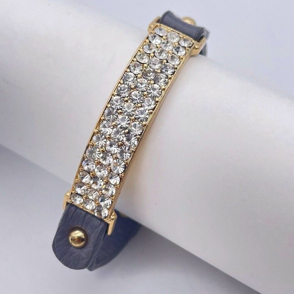 Sheng Tong Crystal / Rhinesone gray leather Gold toned Bracelet
